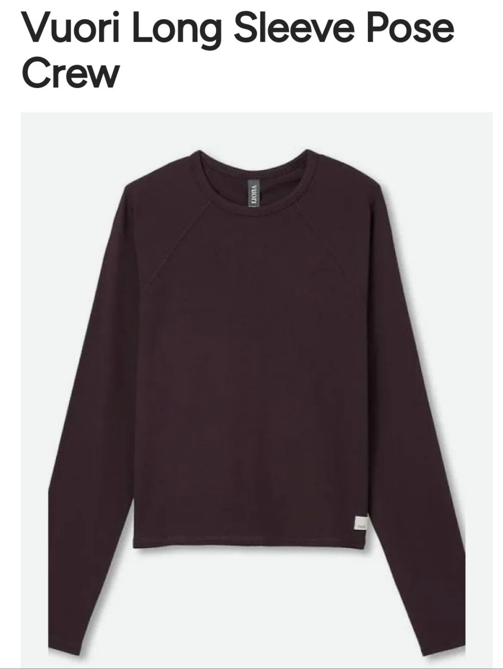 VUORI WOMEN'S LONG SLEEVE POSE CREWNECK TOP IN RAISIN /SZ:XL